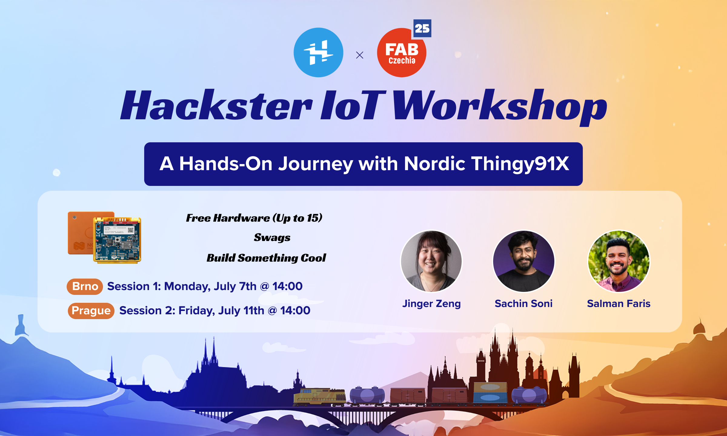MakerTrain is an immersive, hands-on workshop series that empowers you to explore and build real-world IoT and embedded systems projects using cutting-edge cellular-connected hardware, the Nordic Thingy:91X. Sponsored by Nordic Semiconductor and Hackster.io at FAB25, 🇨🇿 Czechia .
